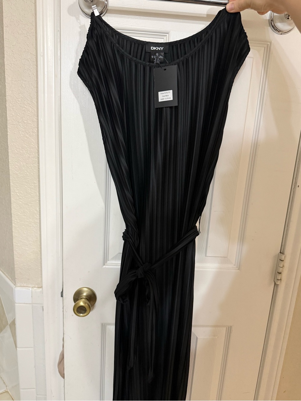 DKNY Black Pleated Tie-Waist Dress